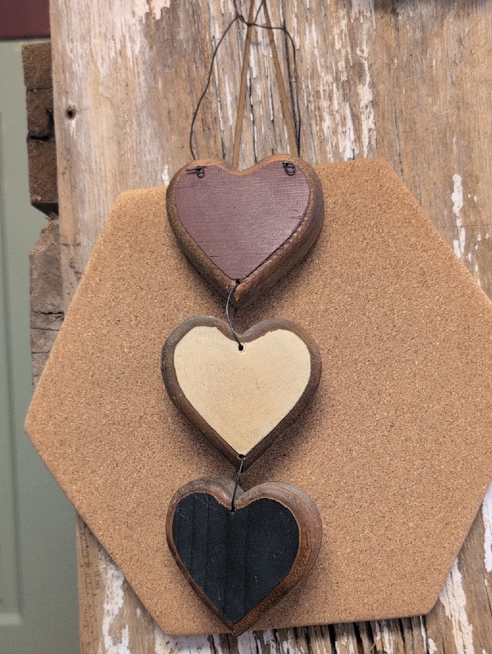 Rustic Triple Heart Wall Hanging – Brown, Cream, Black